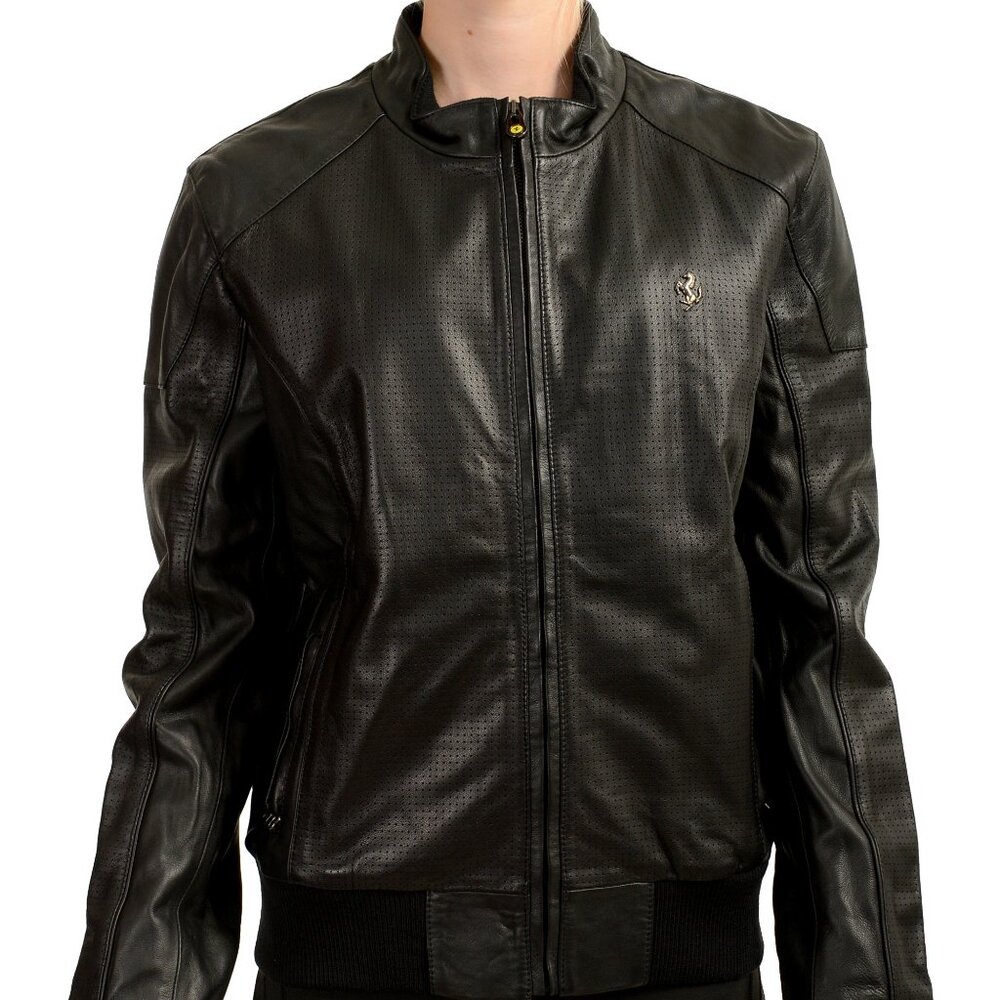 Scuderia Ferrari Women's Black Perforated Leather Bomber Jacket US L IT 44